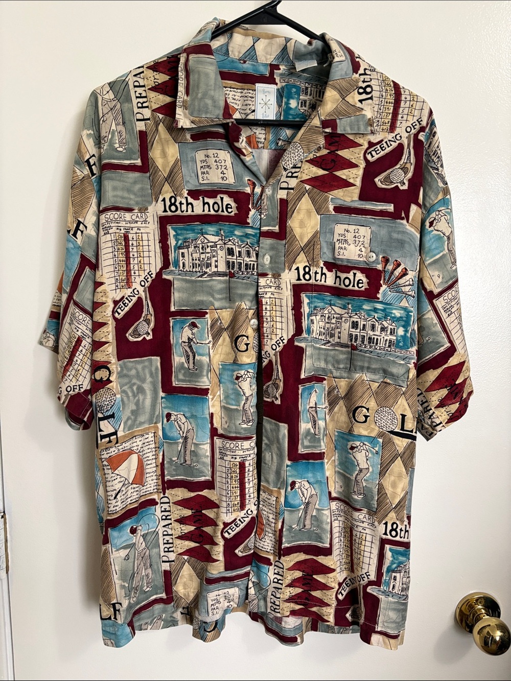 Burma Bibas Silk Golf Print Camp Button-Down Shirt - Burgundy/Blue/Tan